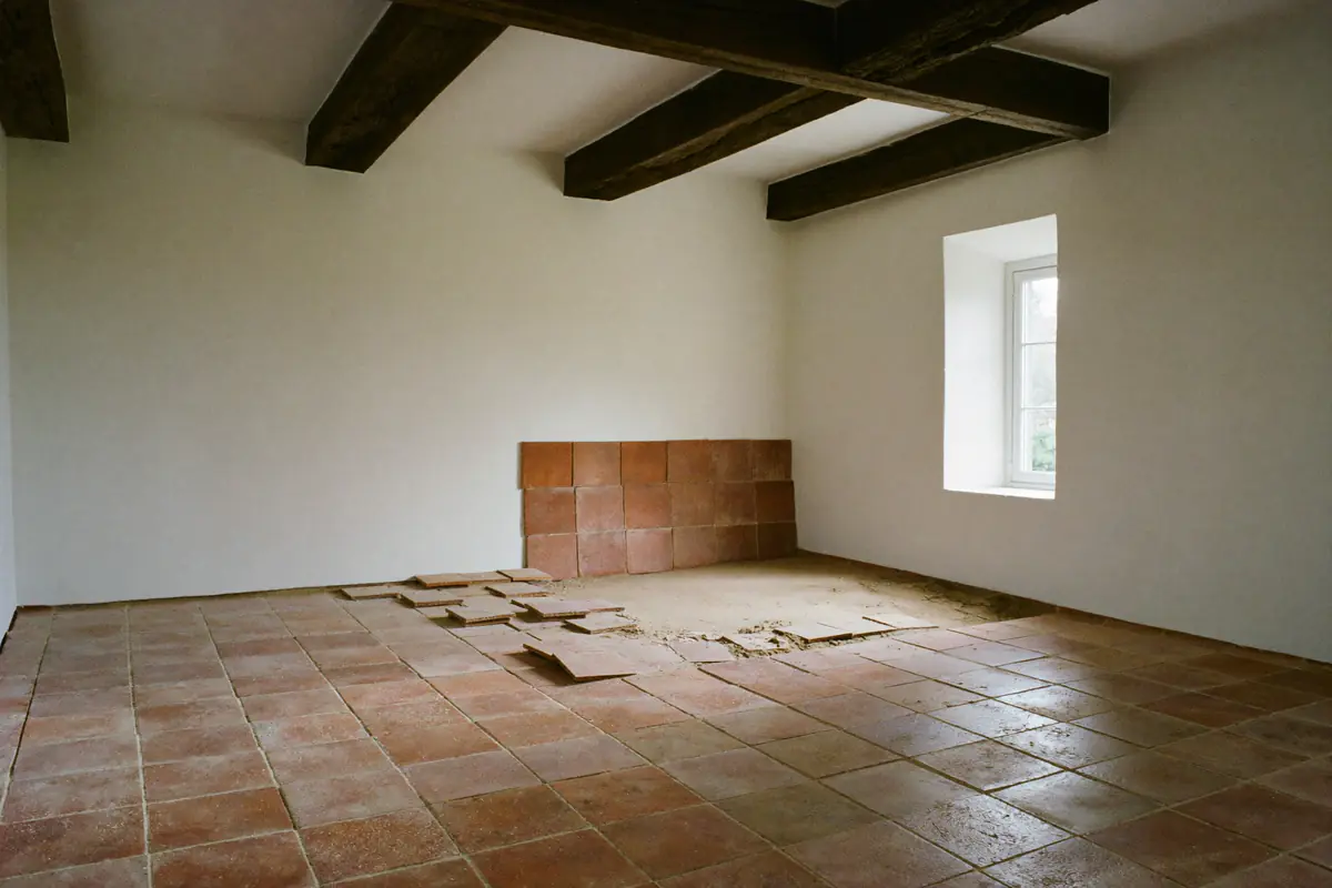 Kamer in een oude boerderij met donkere eiken balken waar een deel van de rode plavuizen is gelicht en tegen de muur is gestapeld, met het zandbed zichtbaar