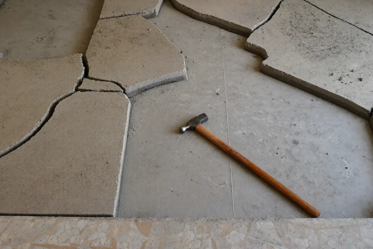 Uitgebroken zandcement dekvloer in grote platen in een lege kamer, met de draagvloer zichtbaar en een moker op de vloer
