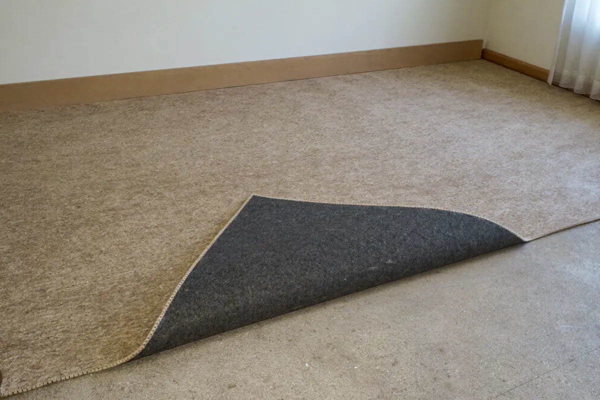 Beige kamerbreed tapijt dat in een lege slaapkamer wordt omgeslagen, met de grijze rug en de kale vloer eronder